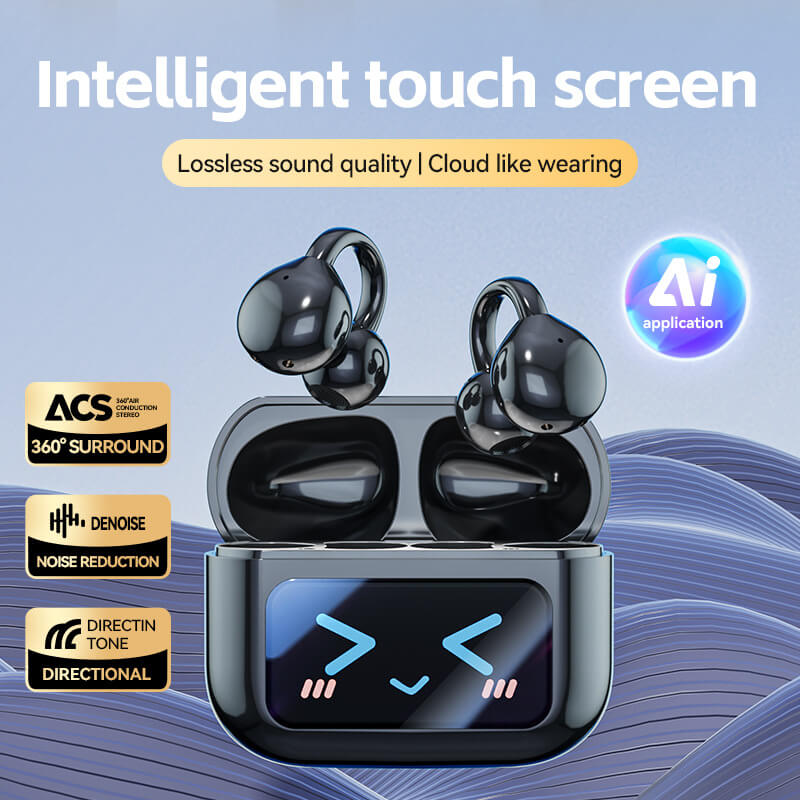 Clip On Ear Headphones, Open Ear Earbuds Wireless Bluetooth 5.4, Clip On Earbuds with LCD Touchscreen, Lightweight Comfort Open Ear Headphones for Sports, Fitness, and Workouts